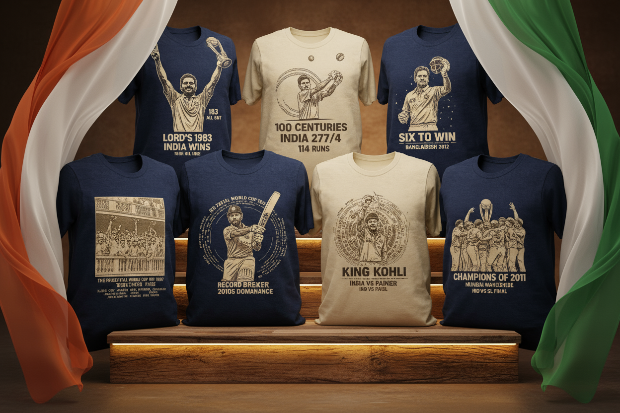 Indian cricket iconic milestones, both individual as well as team moments, carved on tee shirts.